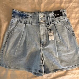 Express Light Blue High Rise Pleated Denim Shorts